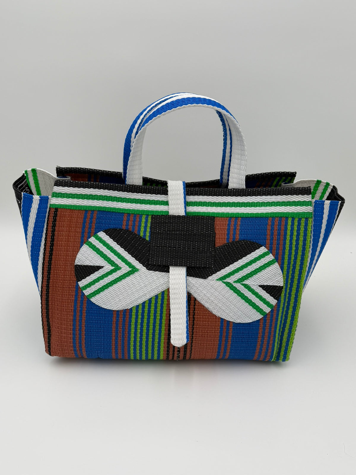 Emerald Large handwoven tote bag by SCRUBIES in Brown,Blue,Green,White,Black with Stripes design and Bow accent pattern