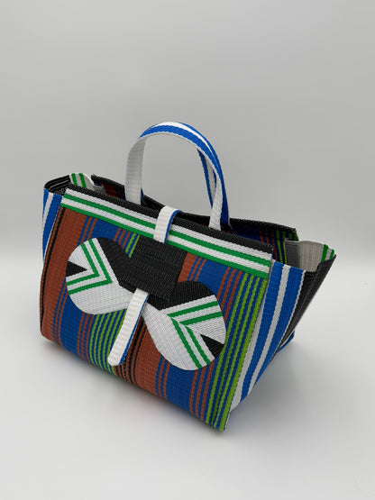 Emerald Large handwoven tote bag by SCRUBIES in Brown,Blue,Green,White,Black with Stripes design and Bow accent pattern