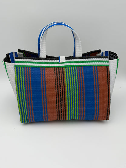 Emerald Large handwoven tote bag by SCRUBIES in Brown,Blue,Green,White,Black with Stripes design and Bow accent pattern