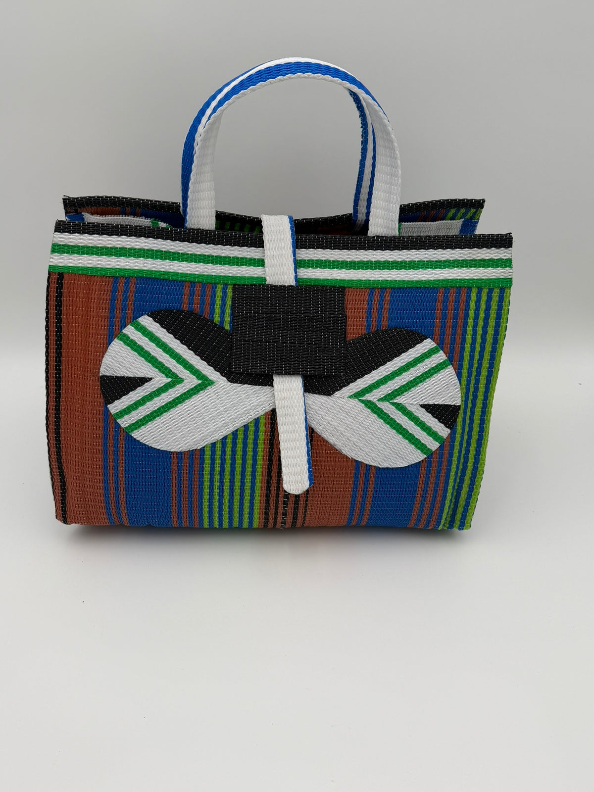 Emerald Large handwoven tote bag by SCRUBIES in Brown,Blue,Green,White,Black with Stripes design and Bow accent pattern