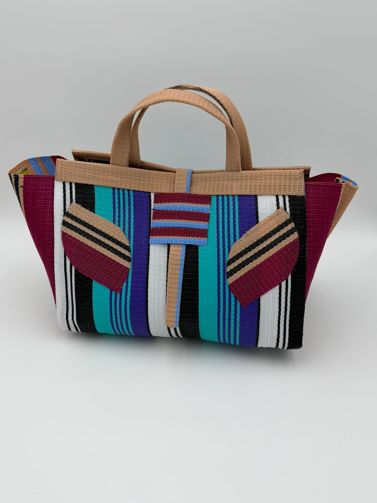 Arabian Large handwoven tote bag by SCRUBIES in Green,White,Red,Black with Stripes design and Bow accent pattern