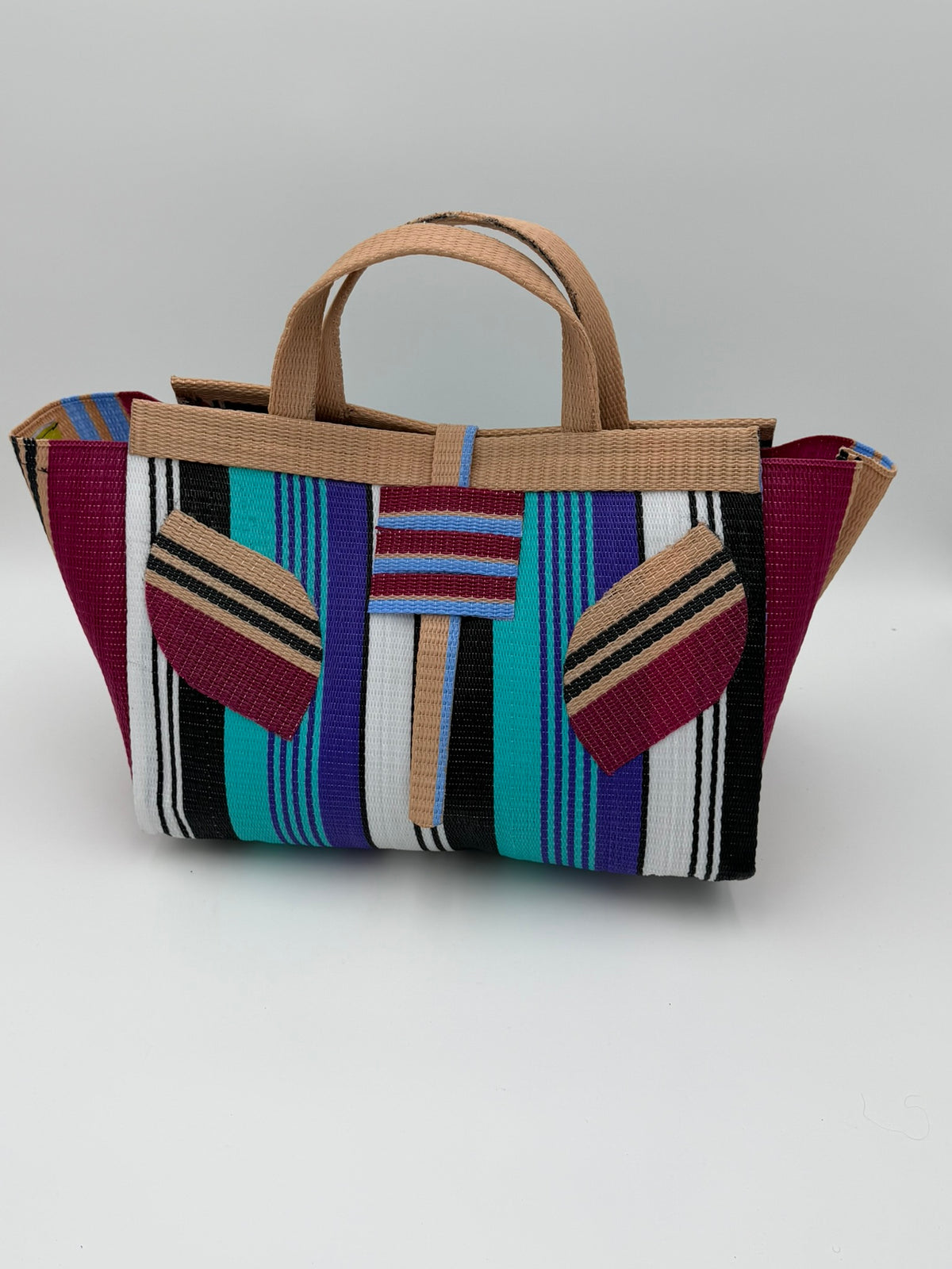 Arabian Large handwoven tote bag by SCRUBIES in Green,White,Red,Black with Stripes design and Bow accent pattern
