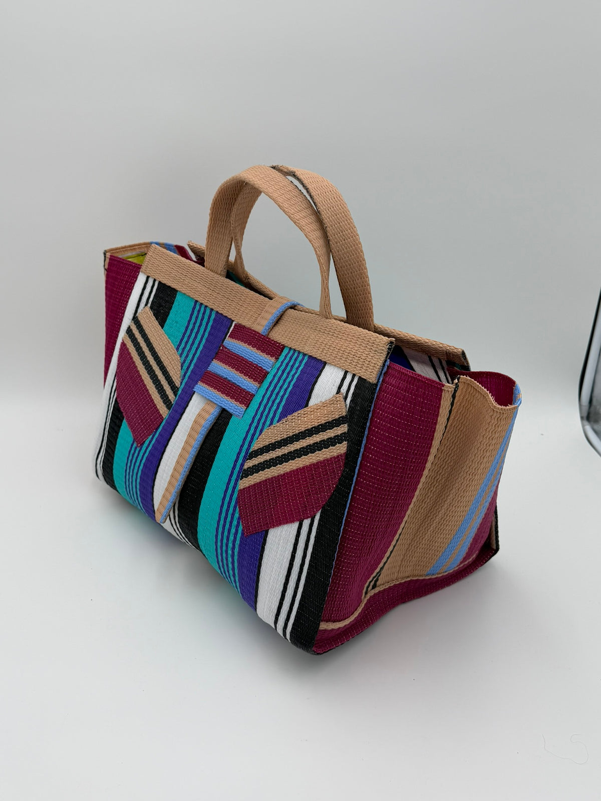 Arabian Large handwoven tote bag by SCRUBIES in Green,White,Red,Black with Stripes design and Bow accent pattern