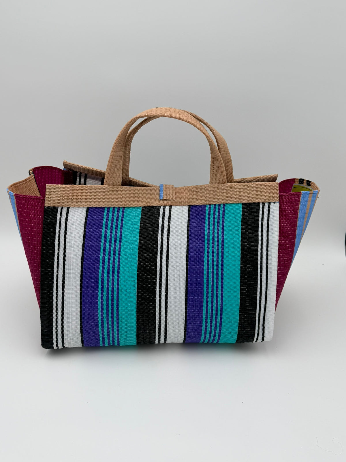 Arabian Large handwoven tote bag by SCRUBIES in Green,White,Red,Black with Stripes design and Bow accent pattern