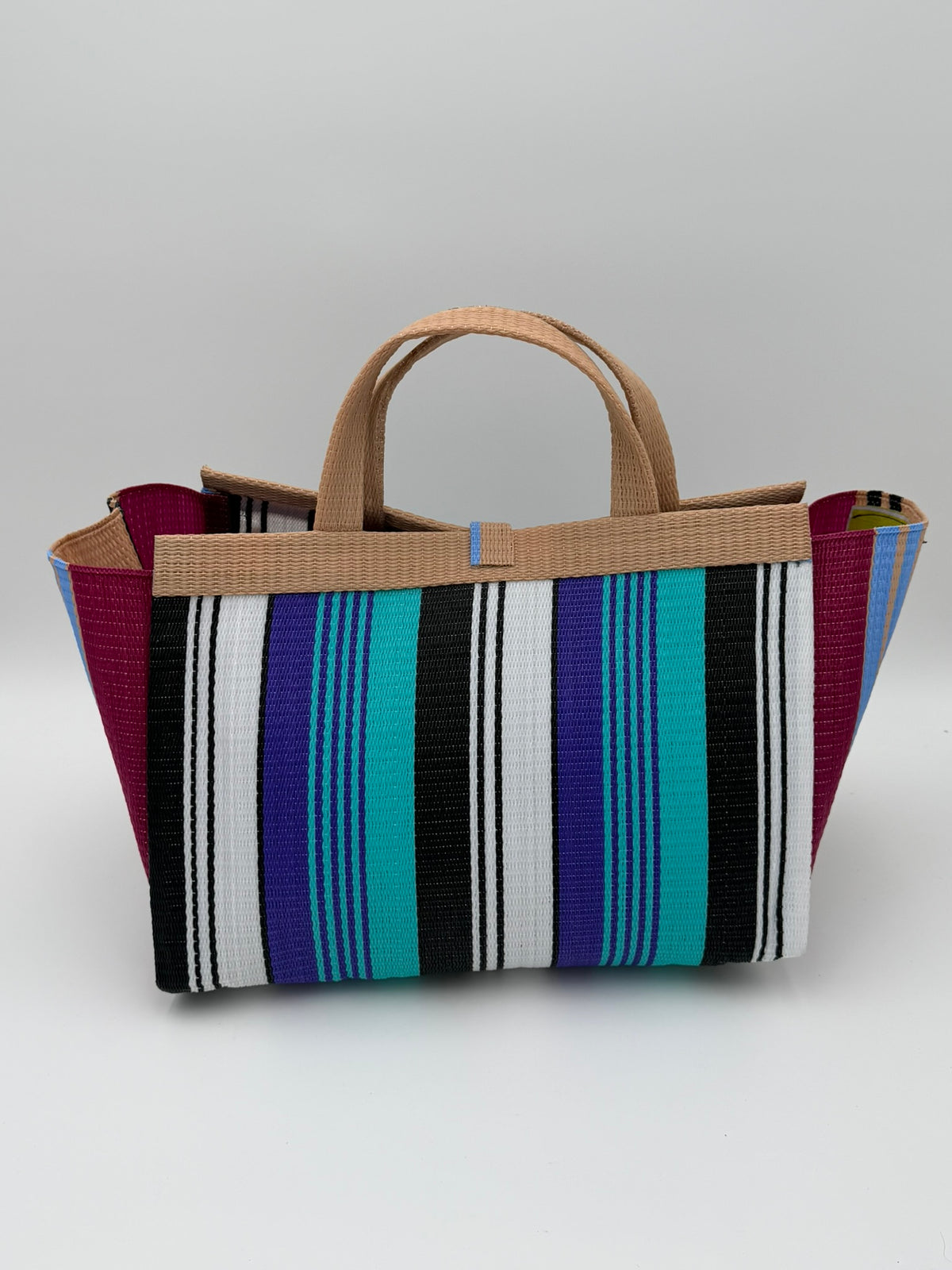 Arabian Large handwoven tote bag by SCRUBIES in Green,White,Red,Black with Stripes design and Bow accent pattern