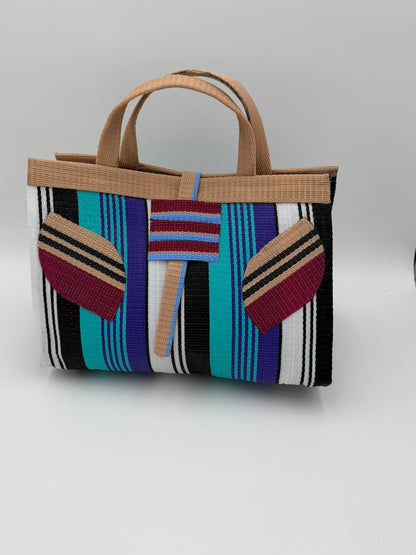 Arabian Large handwoven tote bag by SCRUBIES in Green,White,Red,Black with Stripes design and Bow accent pattern