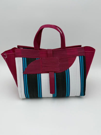 Pearl Large handwoven tote bag by SCRUBIES in Wine,White,Black,Teal with Stripes design and Almond accent pattern