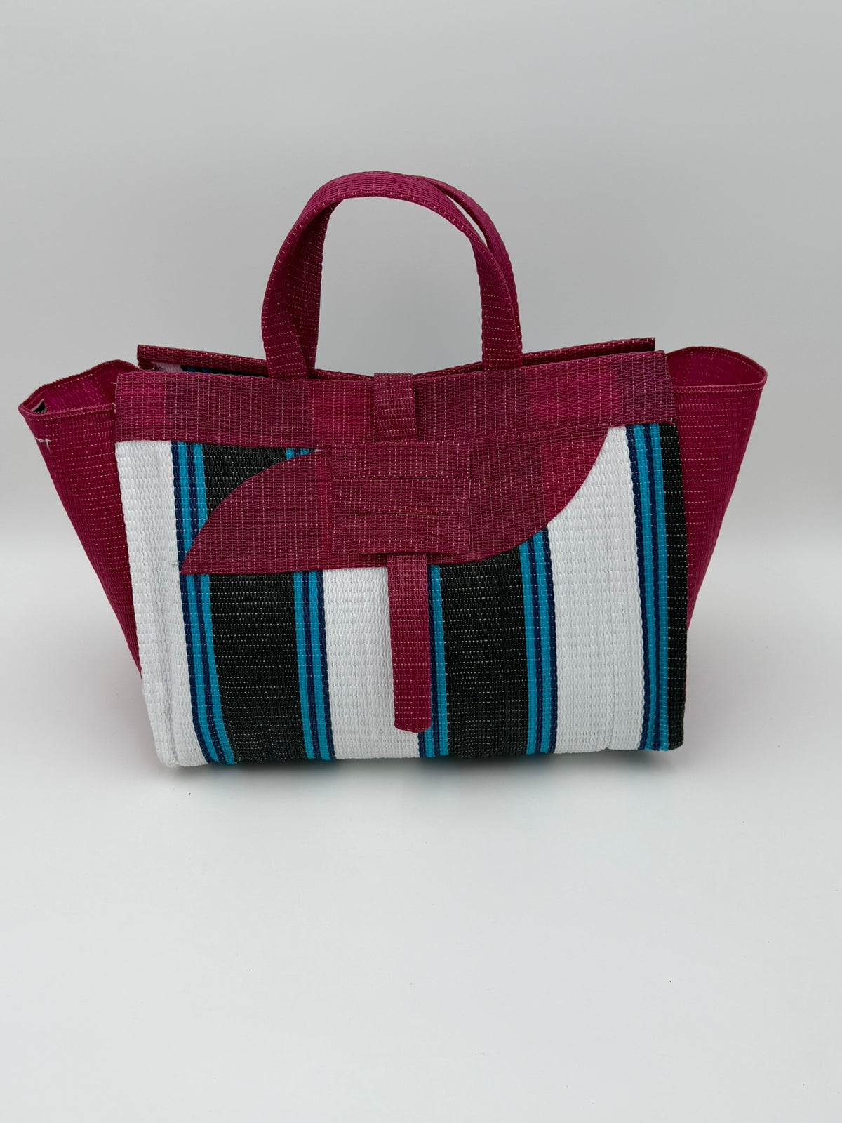 Pearl Large handwoven tote bag by SCRUBIES in Wine,White,Black,Teal with Stripes design and Almond accent pattern