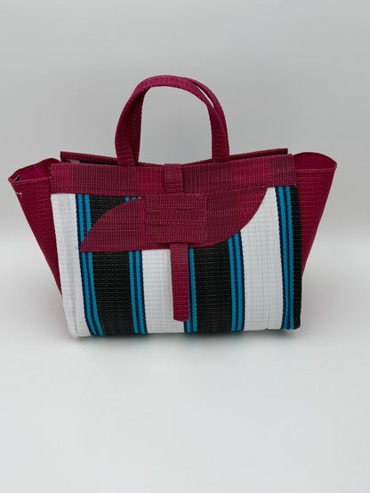 Pearl Large handwoven tote bag by SCRUBIES in Wine,White,Black,Teal with Stripes design and Almond accent pattern