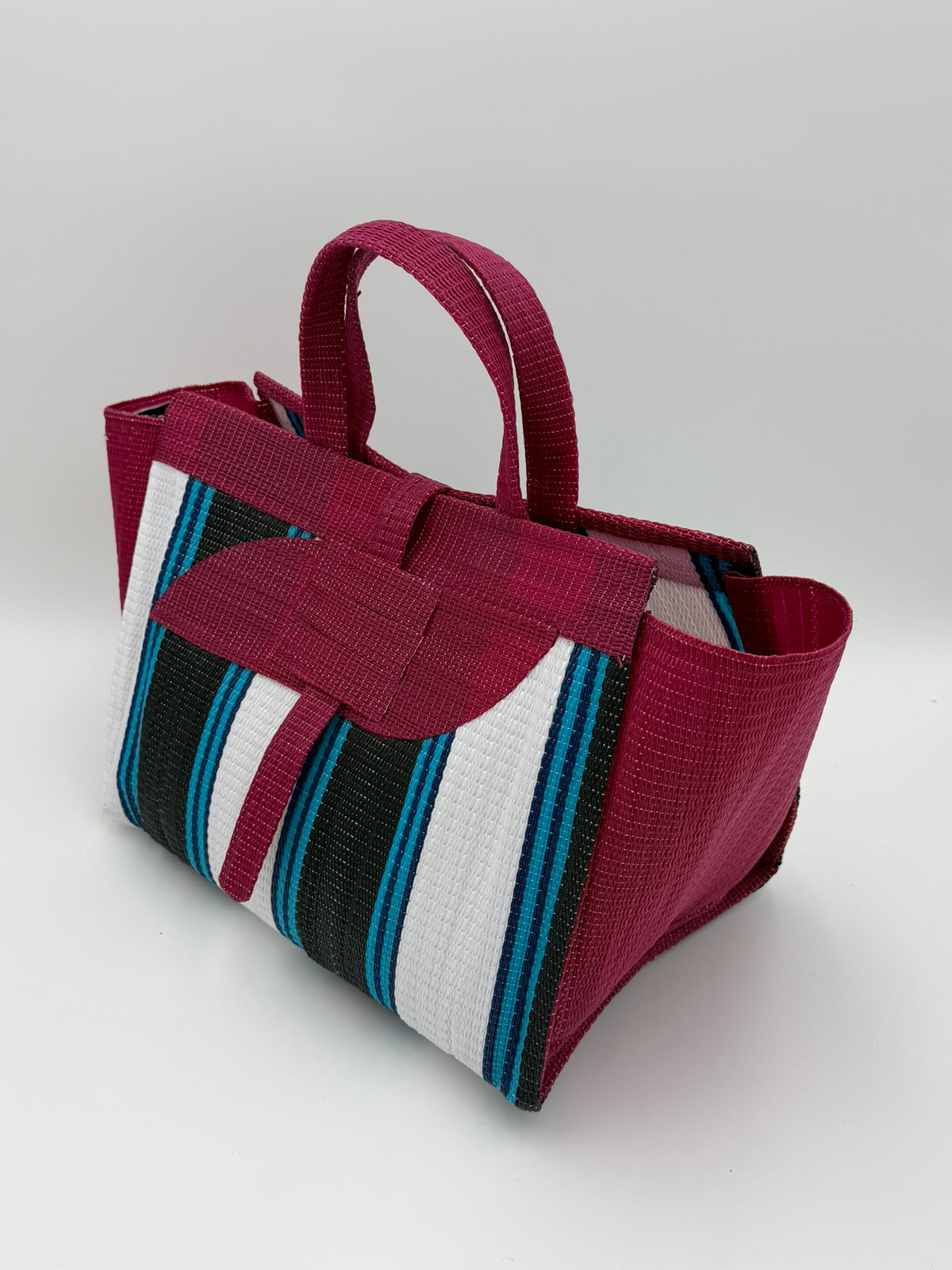 Pearl Large handwoven tote bag by SCRUBIES in Wine,White,Black,Teal with Stripes design and Almond accent pattern
