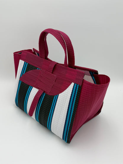 Pearl Large handwoven tote bag by SCRUBIES in Wine,White,Black,Teal with Stripes design and Almond accent pattern