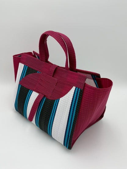 Pearl Large handwoven tote bag by SCRUBIES in Wine,White,Black,Teal with Stripes design and Almond accent pattern