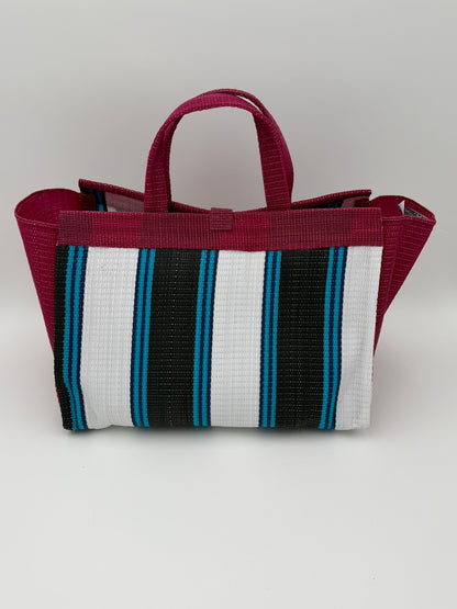 Pearl Large handwoven tote bag by SCRUBIES in Wine,White,Black,Teal with Stripes design and Almond accent pattern