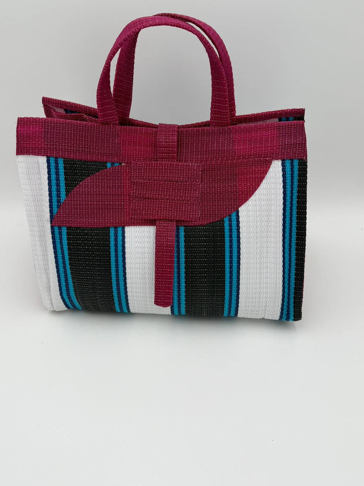 Pearl Large handwoven tote bag by SCRUBIES in Wine,White,Black,Teal with Stripes design and Almond accent pattern