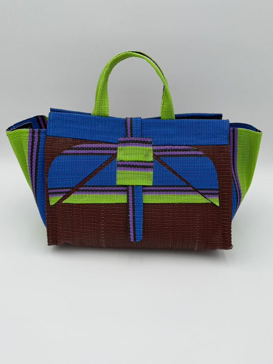 Brownie Large handwoven tote bag by SCRUBIES in Brown,Blue,Green with Solid design and Abstract accent pattern