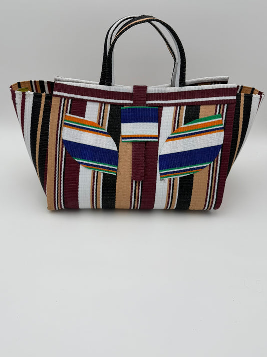 Woodland Large handwoven tote bag by SCRUBIES in Beige,Black,Wine with Stripes design and Leaf accent pattern