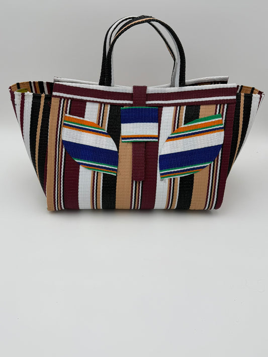 Woodland Large handwoven tote bag by SCRUBIES in Beige,Black,Wine with Stripes design and Leaf accent pattern