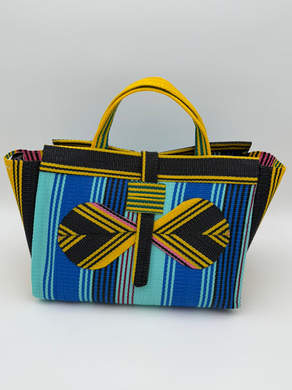 Lagoon Large handwoven tote bag by SCRUBIES in Blue,Teal,Yellow,Black with Stripes design and Bow accent pattern