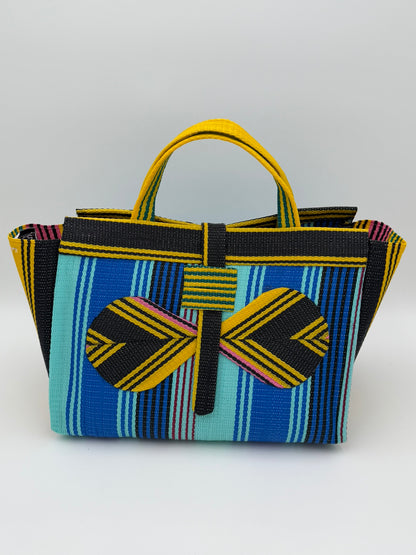 Lagoon Large handwoven tote bag by SCRUBIES in Blue,Teal,Yellow,Black with Stripes design and Bow accent pattern