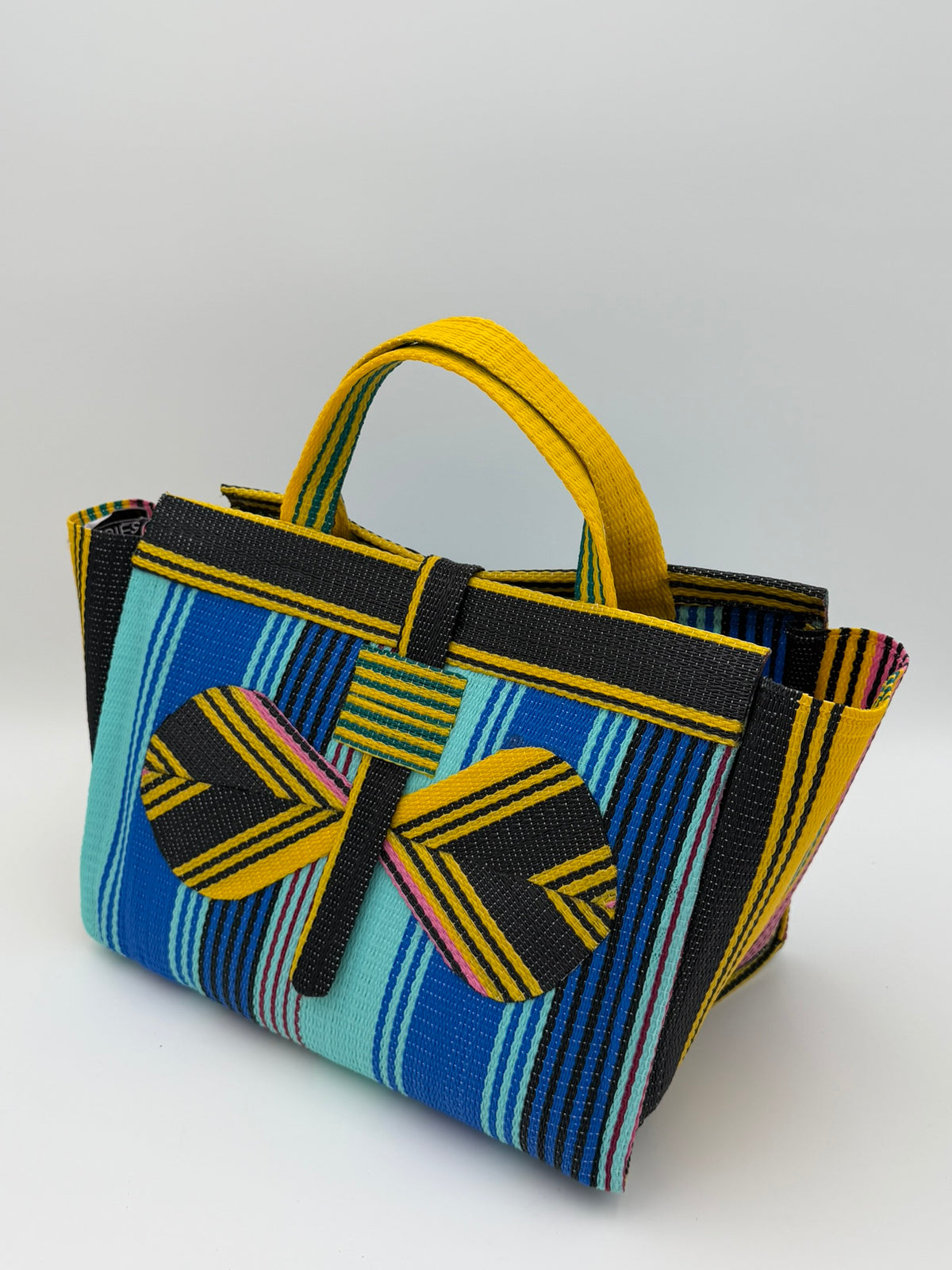 Lagoon Large handwoven tote bag by SCRUBIES in Blue,Teal,Yellow,Black with Stripes design and Bow accent pattern