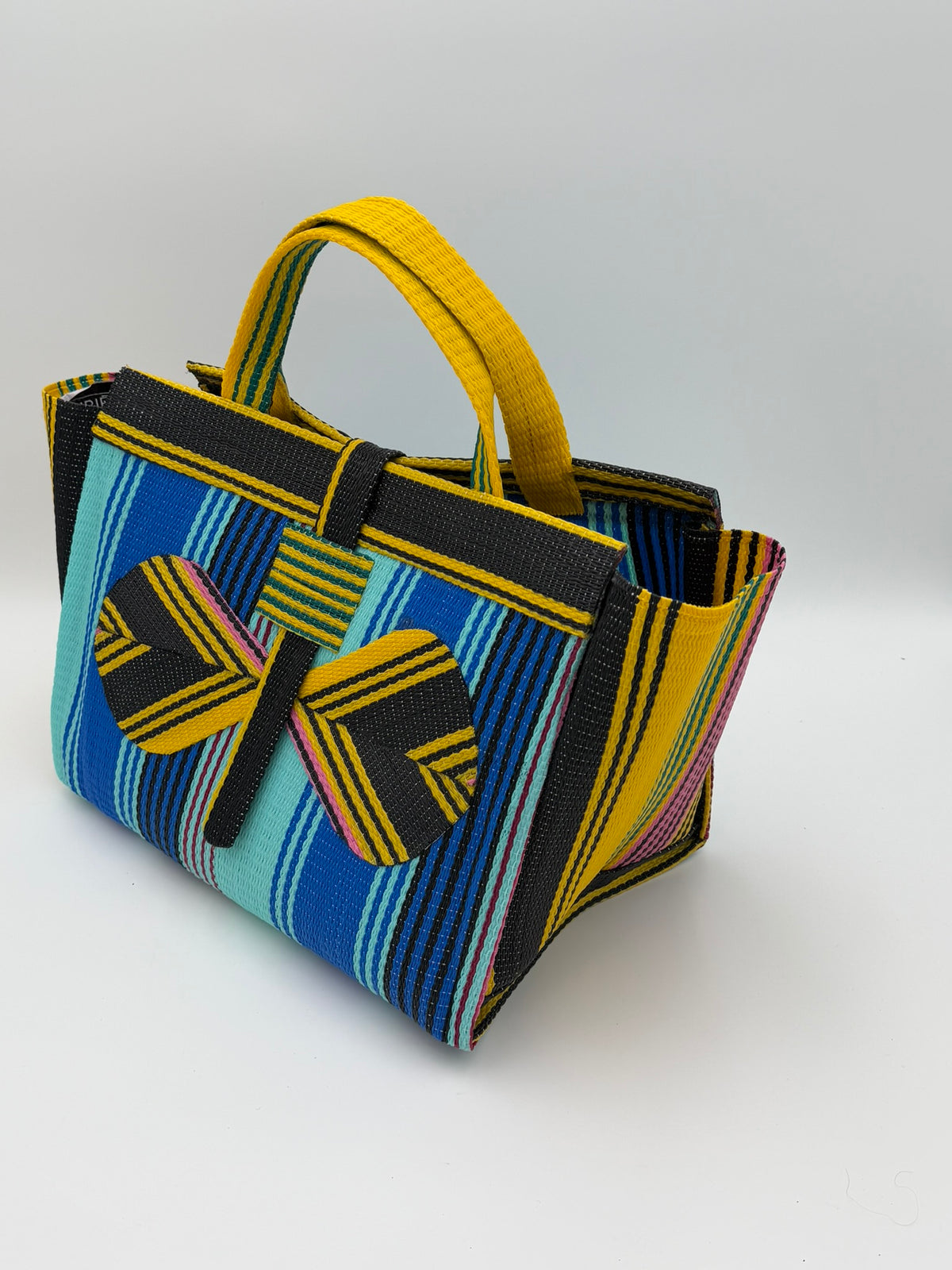 Lagoon Large handwoven tote bag by SCRUBIES in Blue,Teal,Yellow,Black with Stripes design and Bow accent pattern