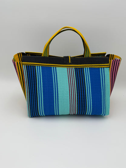 Lagoon Large handwoven tote bag by SCRUBIES in Blue,Teal,Yellow,Black with Stripes design and Bow accent pattern