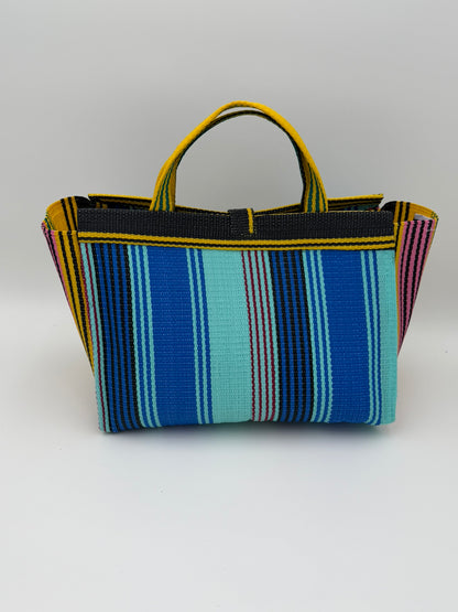 Lagoon Large handwoven tote bag by SCRUBIES in Blue,Teal,Yellow,Black with Stripes design and Bow accent pattern