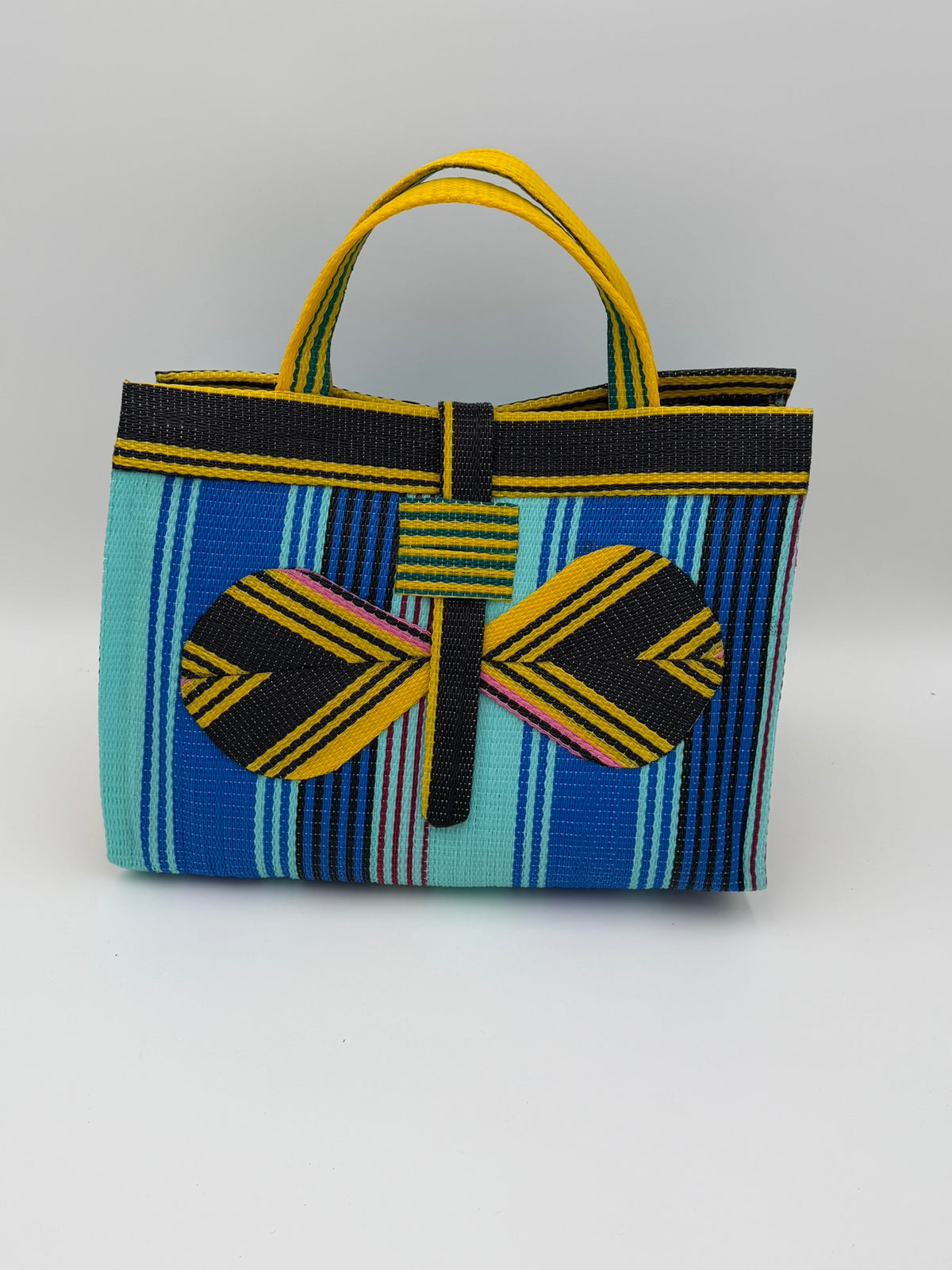Lagoon Large handwoven tote bag by SCRUBIES in Blue,Teal,Yellow,Black with Stripes design and Bow accent pattern
