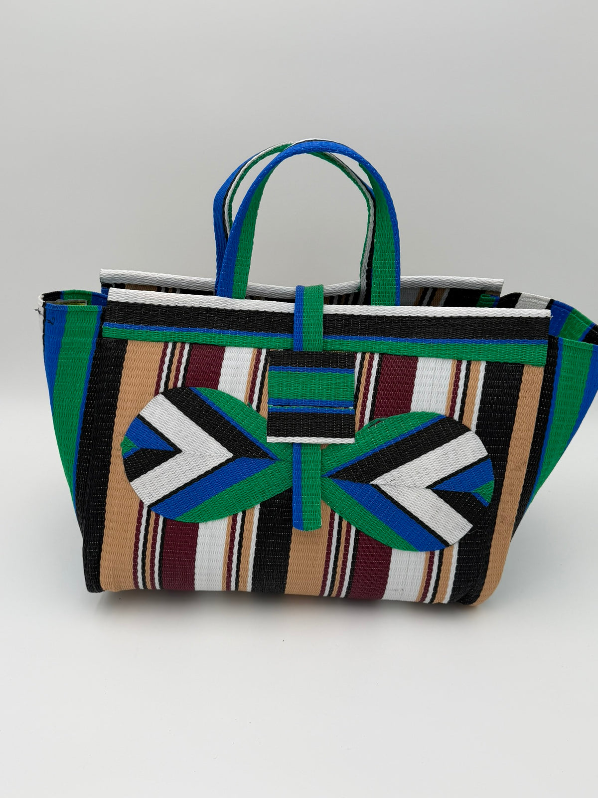 Woodland Large handwoven tote bag by SCRUBIES in Green,Beige,Wine,White,Black with Stripes design and Bow accent pattern