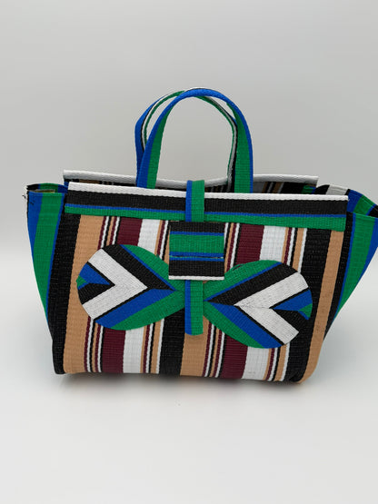 Woodland Large handwoven tote bag by SCRUBIES in Green,Beige,Wine,White,Black with Stripes design and Bow accent pattern