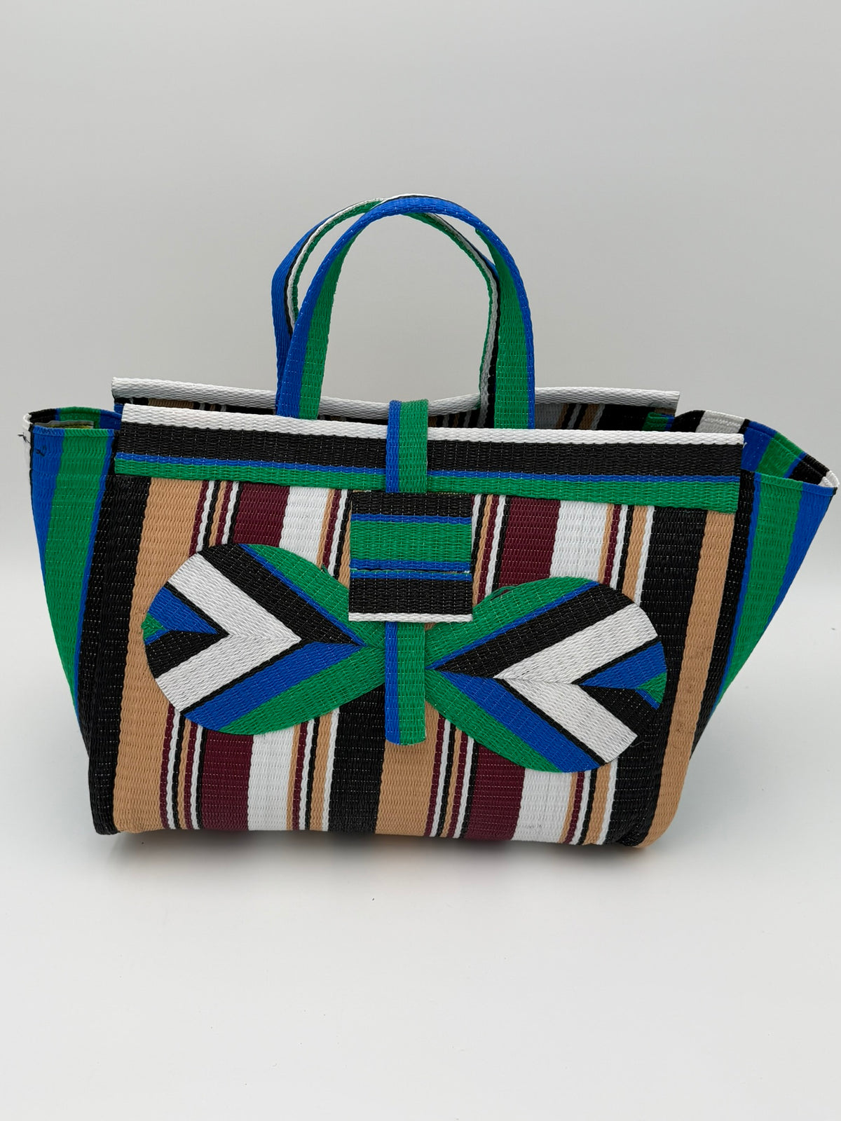 Woodland Large handwoven tote bag by SCRUBIES in Green,Beige,Wine,White,Black with Stripes design and Bow accent pattern