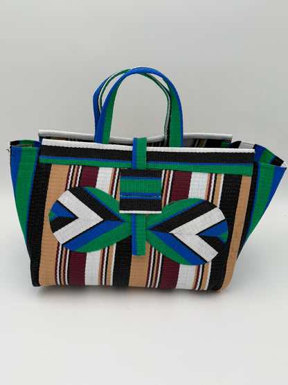 Woodland Large handwoven tote bag by SCRUBIES in Green,Beige,Wine,White,Black with Stripes design and Bow accent pattern