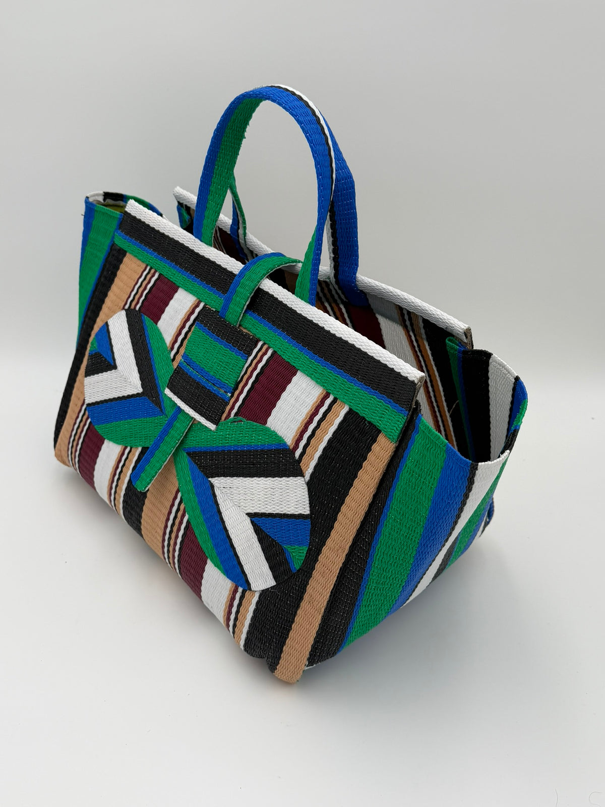Woodland Large handwoven tote bag by SCRUBIES in Green,Beige,Wine,White,Black with Stripes design and Bow accent pattern