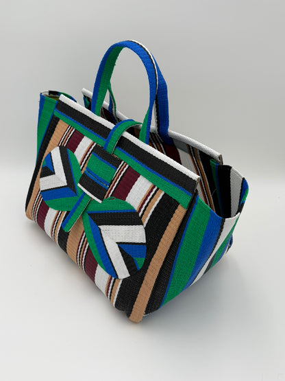 Woodland Large handwoven tote bag by SCRUBIES in Green,Beige,Wine,White,Black with Stripes design and Bow accent pattern