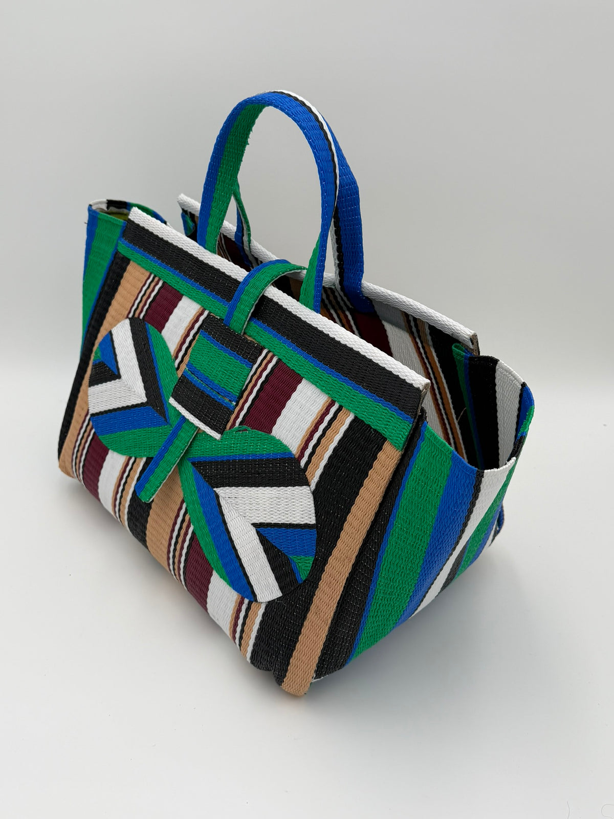 Woodland Large handwoven tote bag by SCRUBIES in Green,Beige,Wine,White,Black with Stripes design and Bow accent pattern