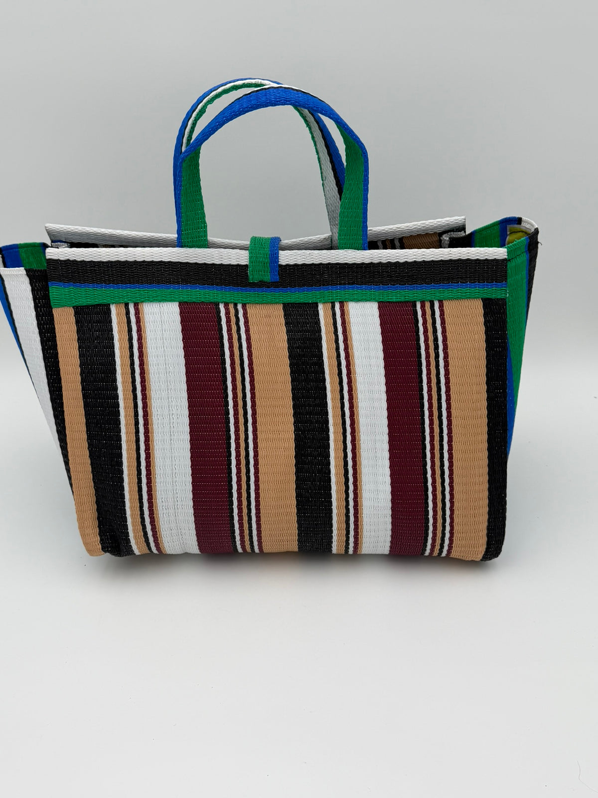 Woodland Large handwoven tote bag by SCRUBIES in Green,Beige,Wine,White,Black with Stripes design and Bow accent pattern