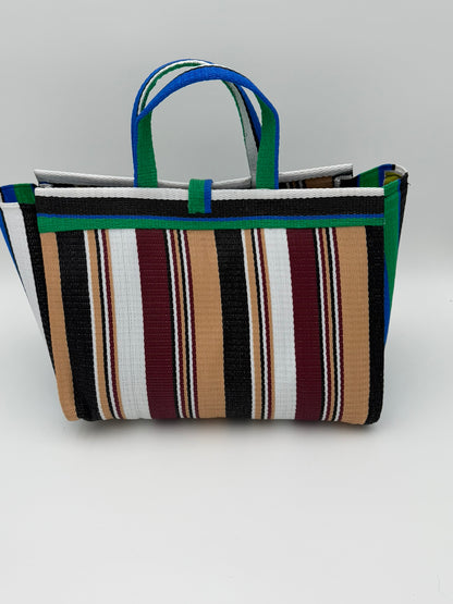 Woodland Large handwoven tote bag by SCRUBIES in Green,Beige,Wine,White,Black with Stripes design and Bow accent pattern