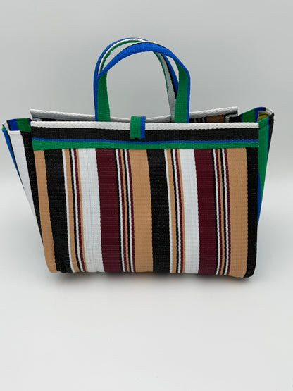 Woodland Large handwoven tote bag by SCRUBIES in Green,Beige,Wine,White,Black with Stripes design and Bow accent pattern