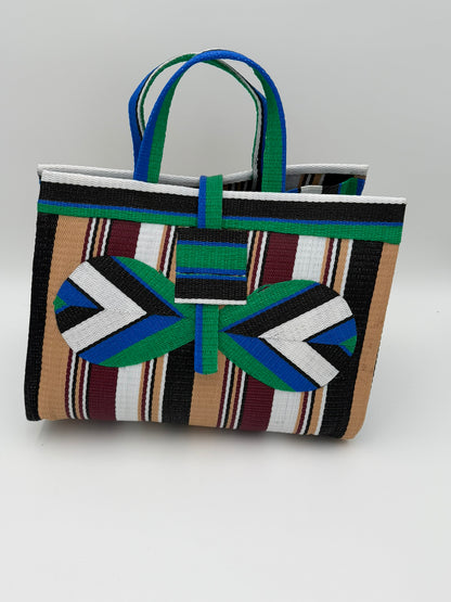 Woodland Large handwoven tote bag by SCRUBIES in Green,Beige,Wine,White,Black with Stripes design and Bow accent pattern