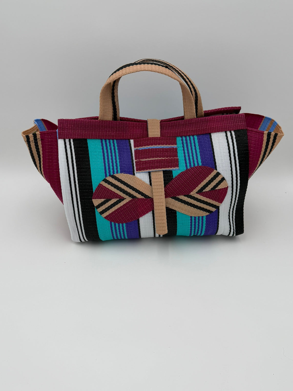 Lavender Large handwoven tote bag by SCRUBIES in Wine,White,Black,Teal with Stripes design and Bow accent pattern