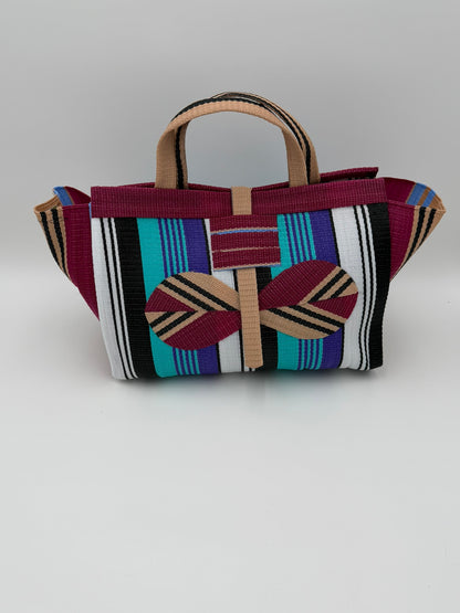 Lavender Large handwoven tote bag by SCRUBIES in Wine,White,Black,Teal with Stripes design and Bow accent pattern