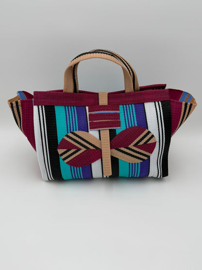 Lavender Large handwoven tote bag by SCRUBIES in Wine,White,Black,Teal with Stripes design and Bow accent pattern