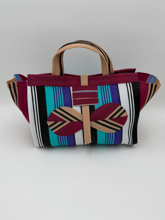 Lavender Large handwoven tote bag by SCRUBIES in Wine,White,Black,Teal with Stripes design and Bow accent pattern