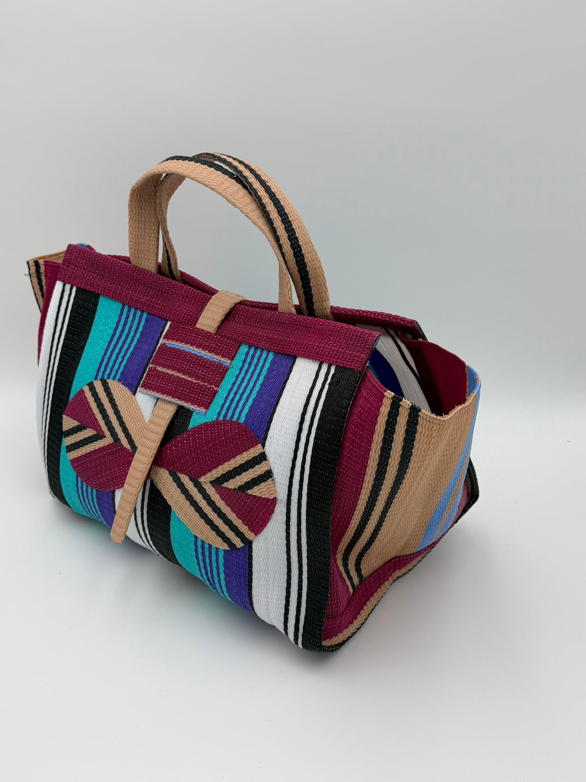 Lavender Large handwoven tote bag by SCRUBIES in Wine,White,Black,Teal with Stripes design and Bow accent pattern