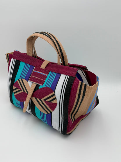Lavender Large handwoven tote bag by SCRUBIES in Wine,White,Black,Teal with Stripes design and Bow accent pattern