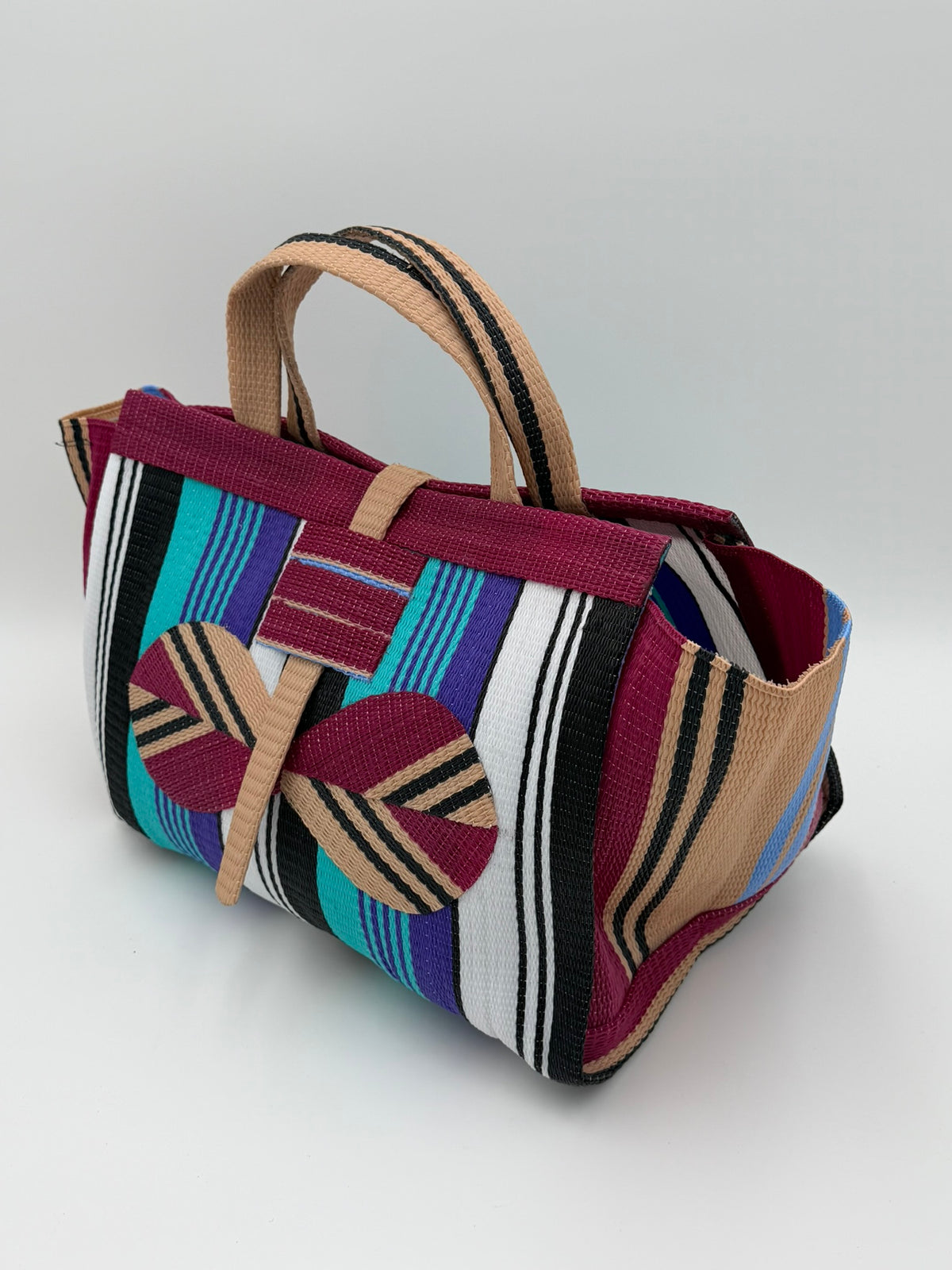 Lavender Large handwoven tote bag by SCRUBIES in Wine,White,Black,Teal with Stripes design and Bow accent pattern