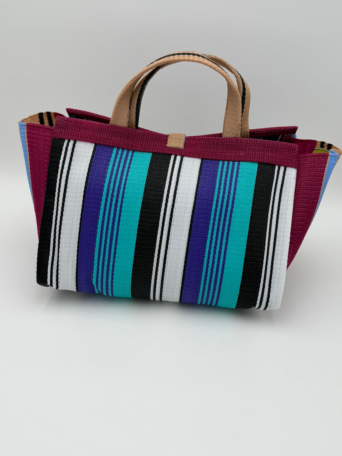Lavender Large handwoven tote bag by SCRUBIES in Wine,White,Black,Teal with Stripes design and Bow accent pattern