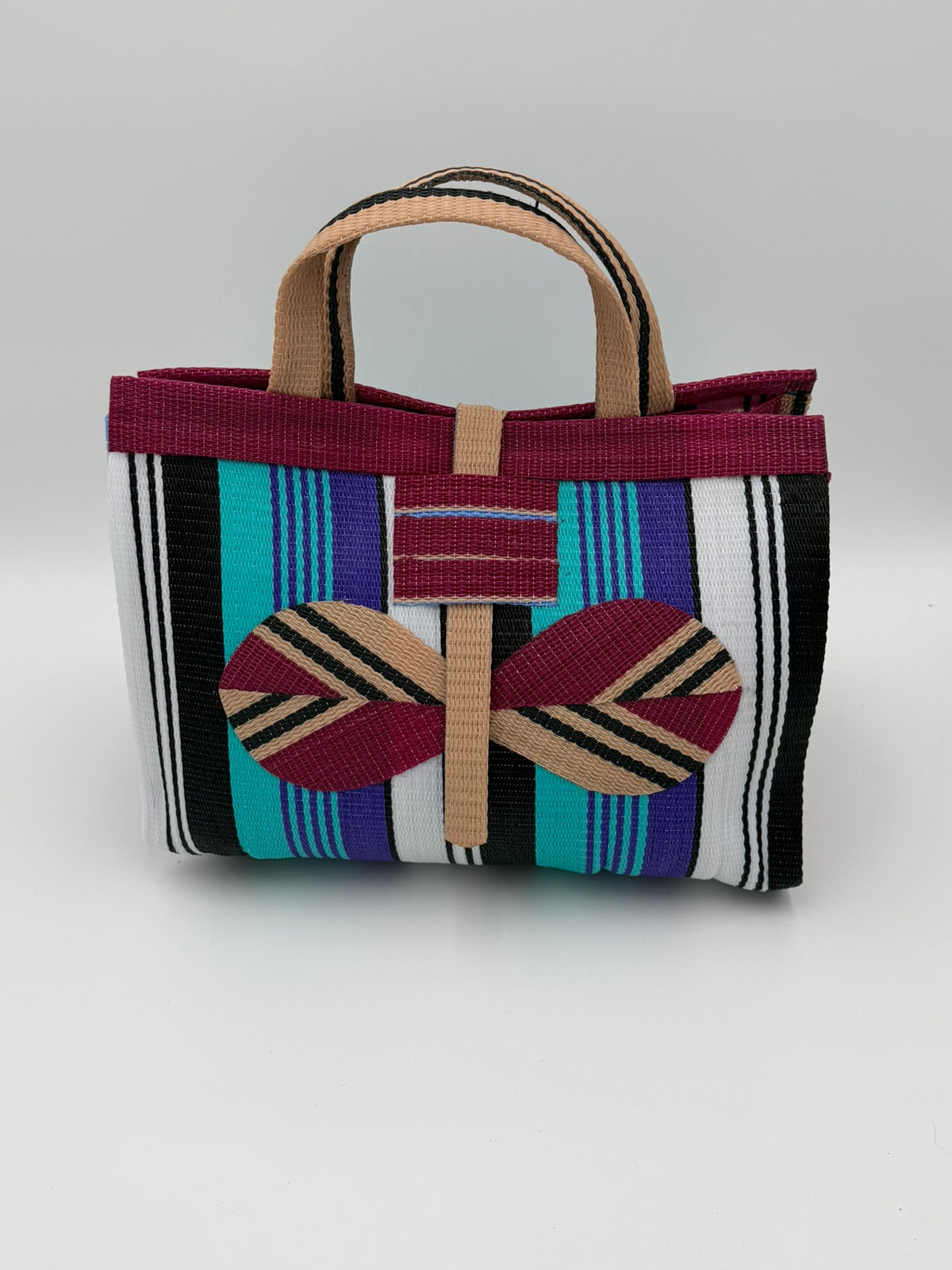 Lavender Large handwoven tote bag by SCRUBIES in Wine,White,Black,Teal with Stripes design and Bow accent pattern