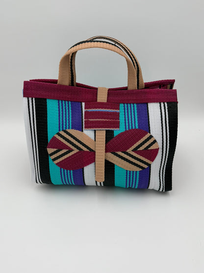 Lavender Large handwoven tote bag by SCRUBIES in Wine,White,Black,Teal with Stripes design and Bow accent pattern