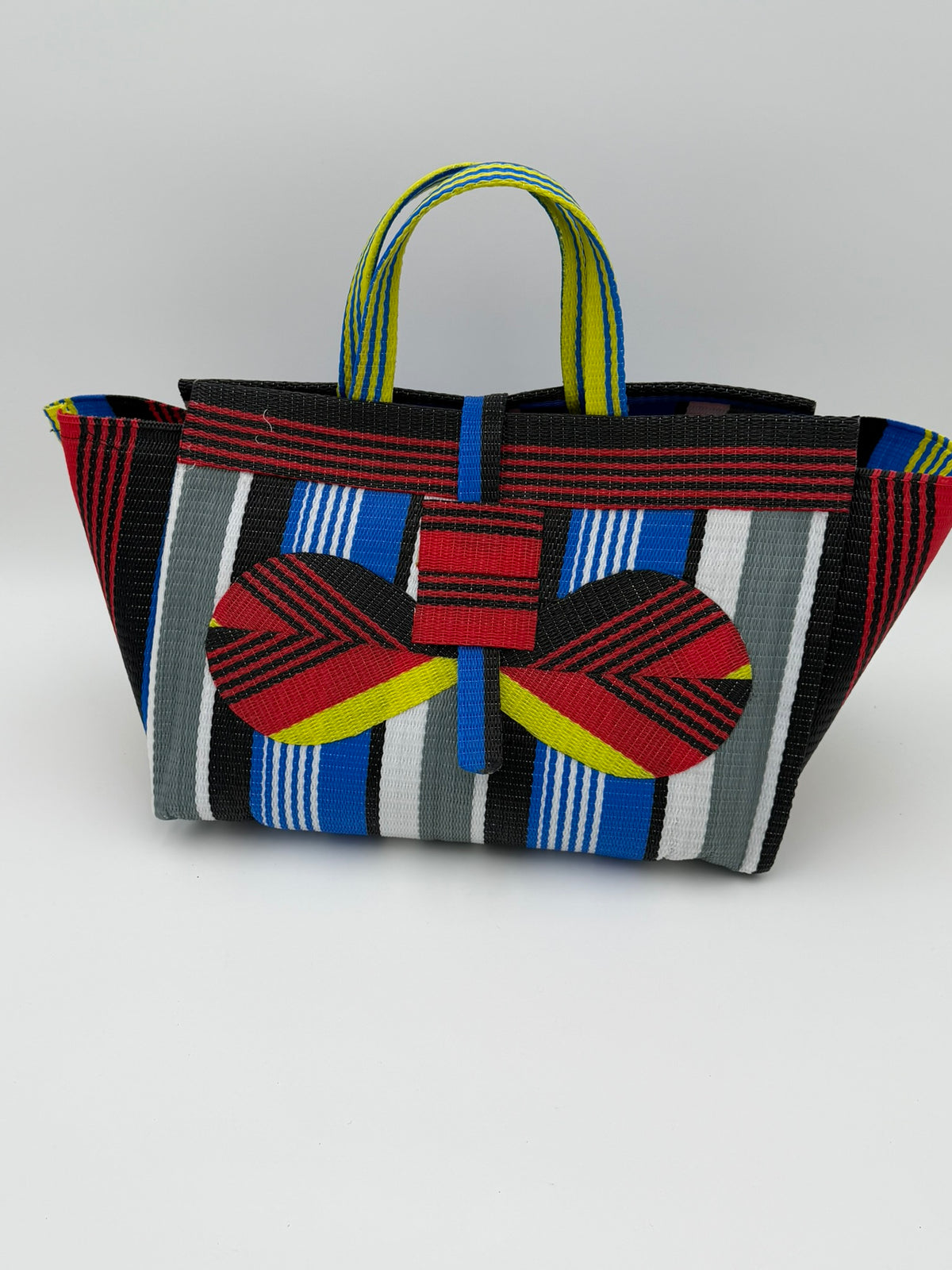 Regal Large handwoven tote bag by SCRUBIES in Red,Black,Blue,White,Yellow with Stripes design and Bow accent pattern